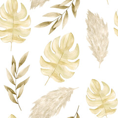 Watercolor seamless pattern with palm leaves, pampas grass, dry leaves. Isolated on white background. Hand drawn clipart. Perfect for card, textile, tags, invitation, printing, wrapping.