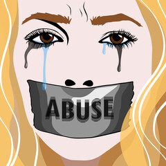 Weinende blonde Frau mit zugeklebten Mund, abuse, Comics - obrazy, fototapety, plakaty