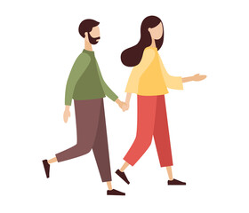 Love couple of people holding hands and walking. Man and woman relationship. Male and female psychology concept. Vector flat illustration