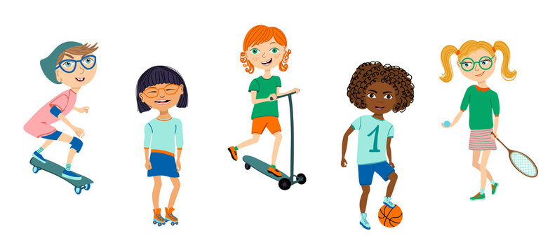 Children's sport hobbies. Cute vector set of multinational kids and different sport equipments. Colorful hand drawn illustrations isolated on white.
