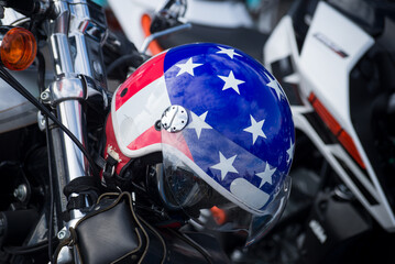 Closeup of pinted american flag helmet of motorbike