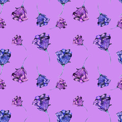 Floral seamless pattern made of roses. Acrilic painting with pink flower buds on lilac background. Botanical illustration for fabric and textile. Decorative element for design.