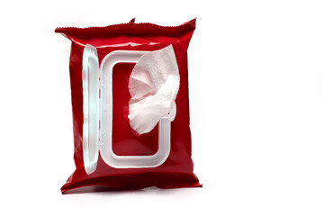 Closeup red package wet wipes white background