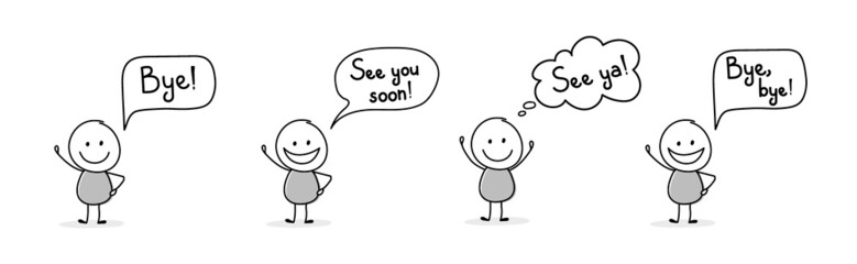 Happy hand drawn character with text - bye, see ya, see you soon. Vector
