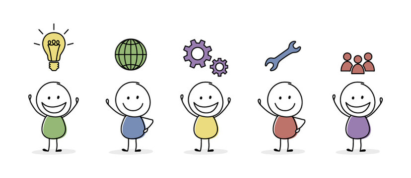 Collection of business icons with funny stickman. Vector