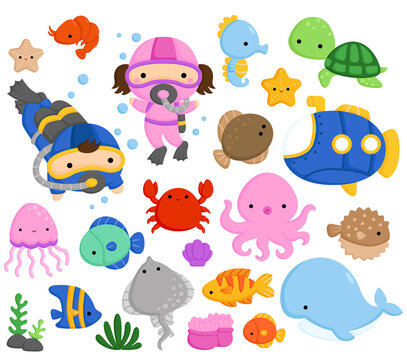 A Vector Set of Cute and Simple Sea Animals