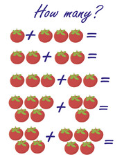 How many objects (tomatoes).Preschool Counting Activities. Printable worksheet. Educational game for children, kids preschool age. Mathematics task. Learning mathematics, numbers.Tasks for addition.
