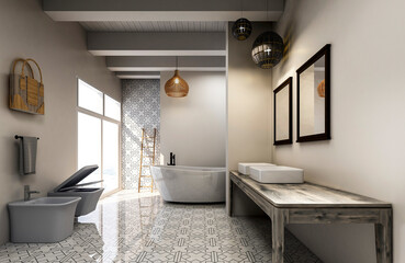 3D rendering,Clean modern residential bathroom and toilet design, which is equipped with washstand, toilet and shower equipment, etc.