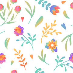Vetor seamless floral colorful surface pattern on a white background. Romantic gradient flowers and leaves. Spring or summer natural botanical ornament. Fashion repeat background.