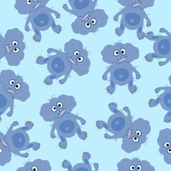 Seamless pattern with cute blue monsters on light blue  background