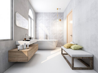 3D rendering,Clean modern residential bathroom and toilet design, which is equipped with washstand, toilet and shower equipment, etc.