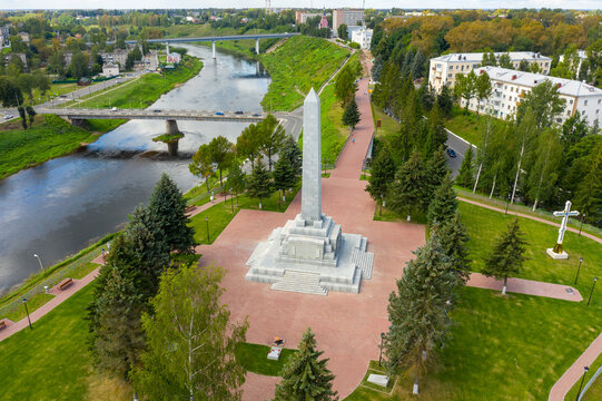 Rzhev, Russia - August 20, 2020: Obelisk to the Liberators of Rzhev. City center panorama. Aerial view of the Volga