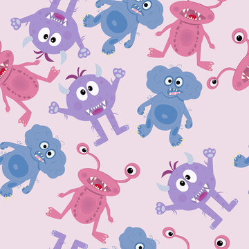 Seamless pattern with three different monsters on pink background