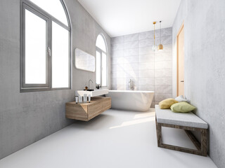 3D rendering,Clean modern residential bathroom and toilet design, which is equipped with washstand, toilet and shower equipment, etc.