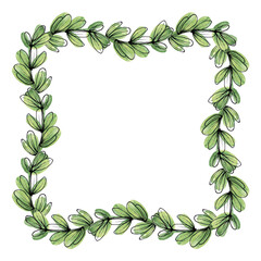 Botanical frame made of branches with green leaves for the design of postcards, posters and other printed products. Isolated image on a white background