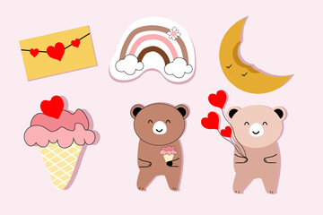 cute funny stickers, moon, bear, love, ice cream cartoon