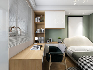 3D rendering, elegant and modern bedroom design, big bed with overcoat cabinet, coffee table, TV, carpet, etc., very comfortable and leisure.