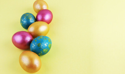 Red Easter eggs on a bright background. Easter background with eggs close up. Place for text.