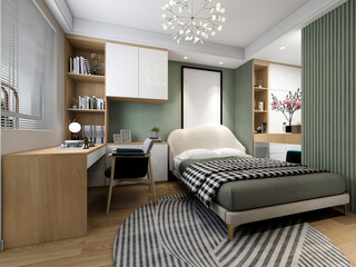 3D rendering, elegant and modern bedroom design, big bed with overcoat cabinet, coffee table, TV, carpet, etc., very comfortable and leisure.