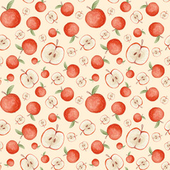 Seamless watercolor pattern of red apples. Bright fruits. Background for eco products, textiles, fabrics, paper.