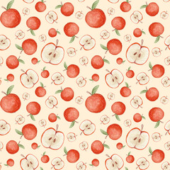 Seamless watercolor pattern of red apples. Bright fruits. Background for eco products, textiles, fabrics, paper.