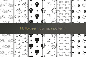 Set of black and white spooky seamless patterns.