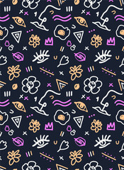 Girls funny item stuff flowers seamless drawing vector pattern