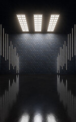 Dark brick room with top light, 3d rendering.