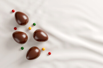 delicious chocolate easter eggs on white fabric background.  flat lay. top view. happy easter day concept. 3D illustration
