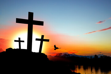 easter day. three crosses on mountain at sunrise
