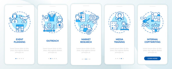 PR services for organizations blue onboarding mobile app screen. Walkthrough 5 steps graphic instructions pages with linear concepts. UI, UX, GUI template. Myriad Pro-Bold, Regular fonts used