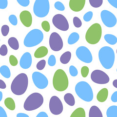 Happy Easter seamless pattern with colorful eggs on white background. Polka dots design for card, postcard, wallpaper, posters. Vector stock illustration. Cartoon style