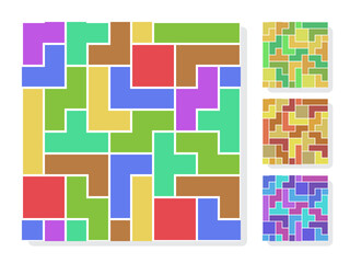 Set of four seamless multicolored abstract backgrounds in the style of the game tetris