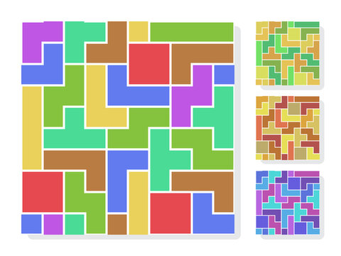 Set of four seamless multicolored abstract backgrounds in the style of the game tetris