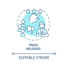 Press releases turquoise concept icon. Media communication. PR service for business abstract idea thin line illustration. Isolated outline drawing. Editable stroke. Arial, Myriad Pro-Bold fonts used