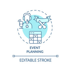 Event planning turquoise concept icon. Marketing tactics. Service of PR firm abstract idea thin line illustration. Isolated outline drawing. Editable stroke. Arial, Myriad Pro-Bold fonts used