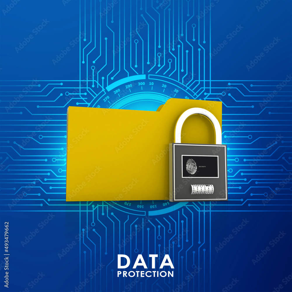 Poster yellow folder and lock. data security concept. 3d rendering