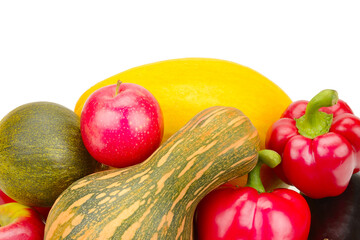 Vegetables and fruits isolated on a white background. Free space for text.