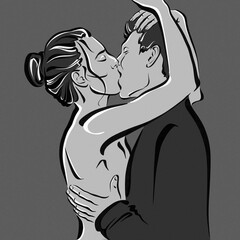 Black and white illustration of a kissing couple.