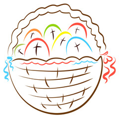 colorful eggs with crosses in a wicker decorated basket