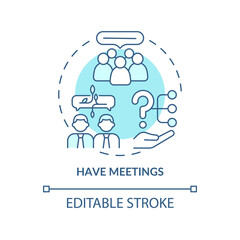 Have meetings turquoise concept icon. Communicate with agency. Hiring PR firm abstract idea thin line illustration. Isolated outline drawing. Editable stroke. Arial, Myriad Pro-Bold fonts used