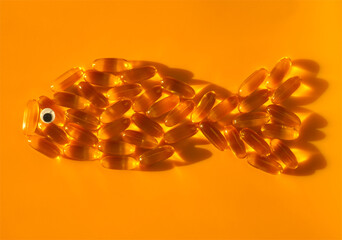 Pile of orange capsules Omega 3 in fish form, vitamin D, vitamin E, vitamin A.  Fish oil on orange background. Cod liver, fish oil pills (supplements) for diet. Health care and high resolution concept