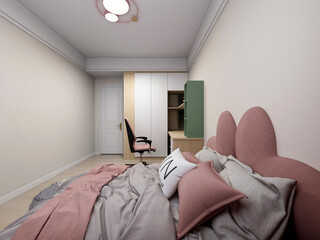 3D rendering, elegant and modern bedroom design, big bed with overcoat cabinet, coffee table, TV, carpet, etc., very comfortable and leisure.