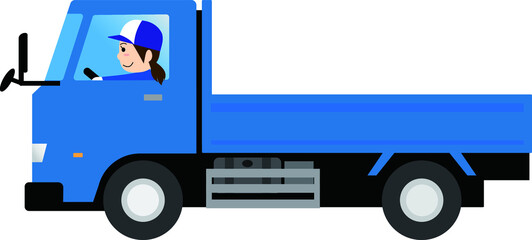 トラックを運転する女性ドライバー（小型・平ボディータイプ） - obrazy, fototapety, plakaty