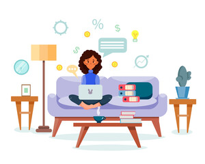 An African-American businesswoman is sitting on the couch with a laptop and working at home. The concept of financial technologies. Doing business, cryptocurrency, electronic wallets. Vector