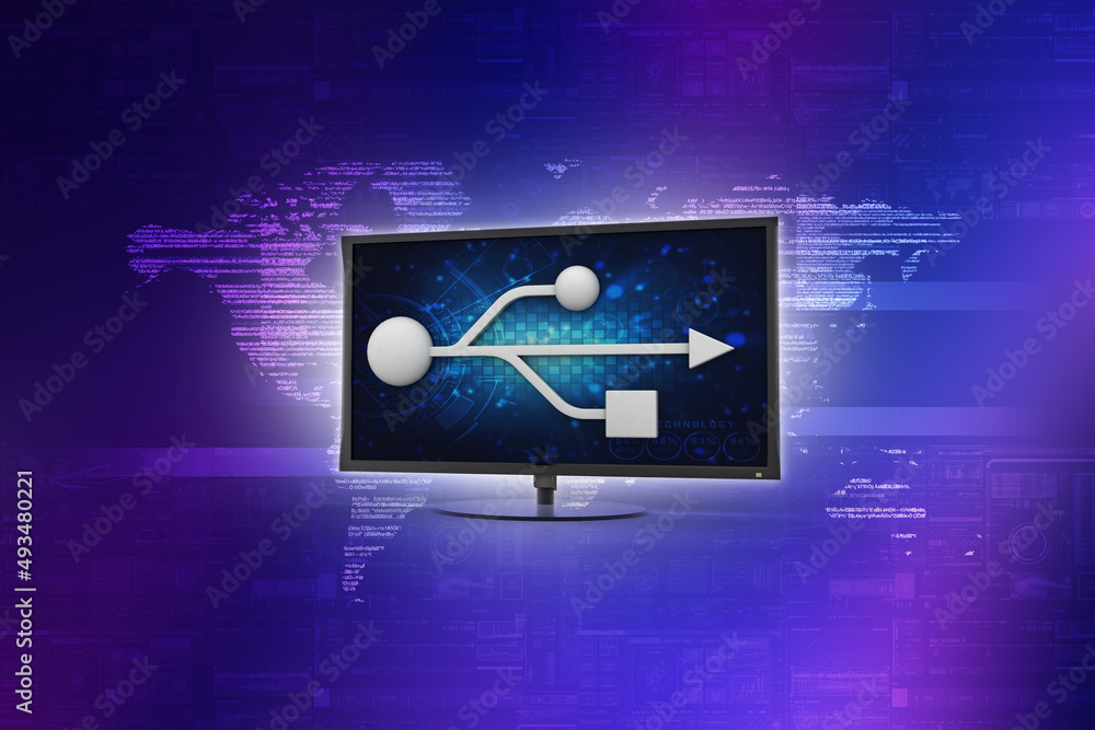 Poster 3d rendering usb cable with computer