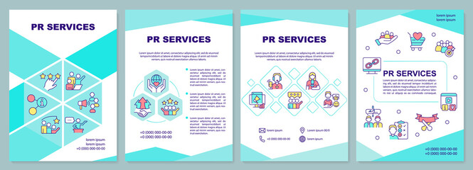 Fototapeta na wymiar PR services mint brochure template. Organization reputation. Leaflet design with linear icons. 4 vector layouts for presentation, annual reports. Arial-Black, Myriad Pro-Regular fonts used