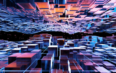 Cubic cyberpunk space, conceptual geometry background, 3d rendering.