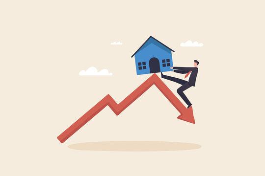 Property and housing market collapse, real estate stock risk. Property market crash. A businessman tries to keep the house from falling off the top of the graph price.