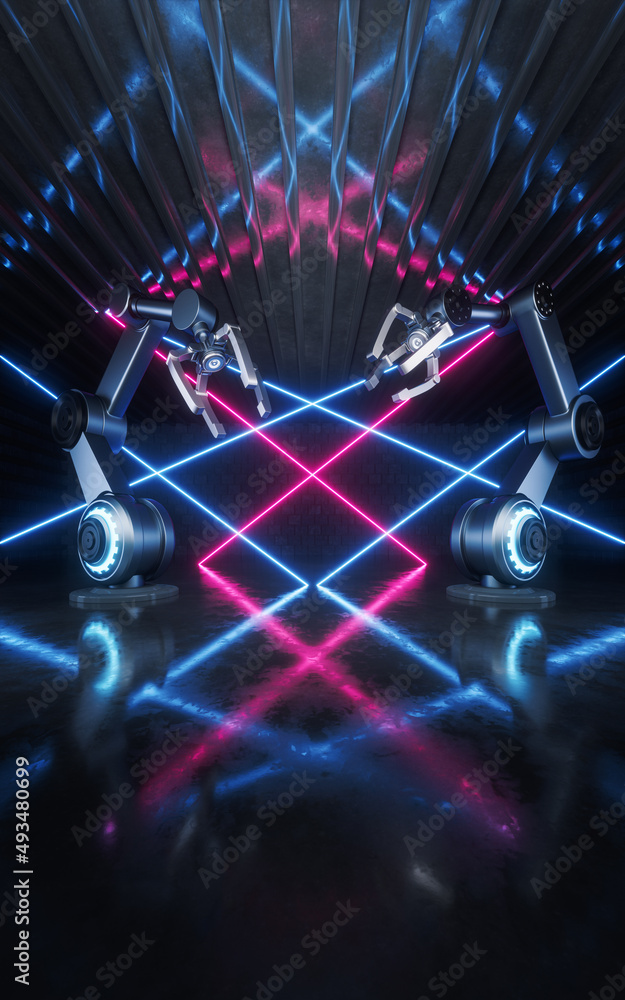Poster mechanical arm with neon lines, 3d rendering.